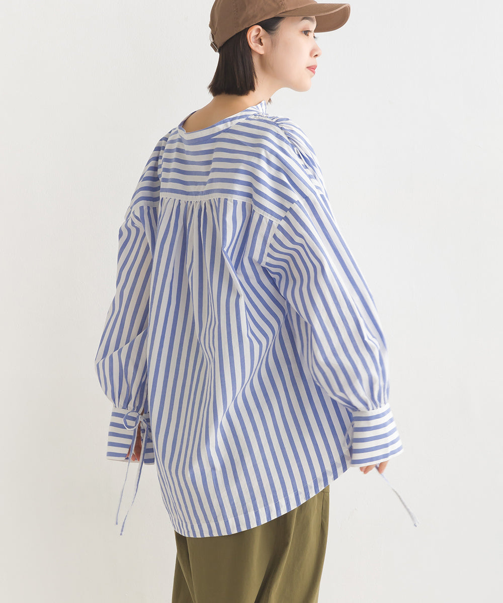 【OMNES】製品洗いコットンブロード袖口リボンオーバーシャツ【7124-4210】