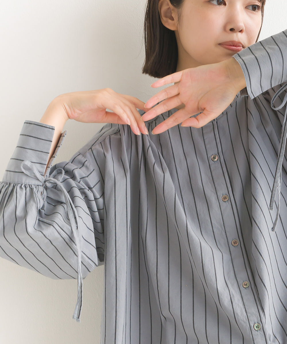 【OMNES】製品洗いコットンブロード袖口リボンオーバーシャツ【7124-4210】