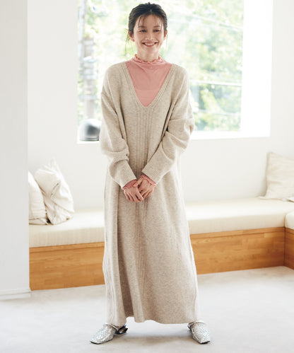 【OMNES】メランジ 深Vネックニットロングワンピース【253W427OMN056】