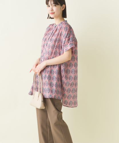 【OMNES】コットンボイル総柄ワイドシルエットギャザー半袖シャツ【1524-4183】