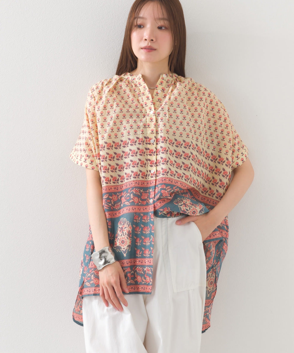 【OMNES】コットンボイル総柄ワイドシルエットギャザー半袖シャツ【1524-4183】