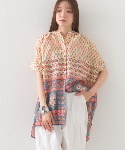 【OMNES】コットンボイル総柄ワイドシルエットギャザー半袖シャツ【1524-4183】