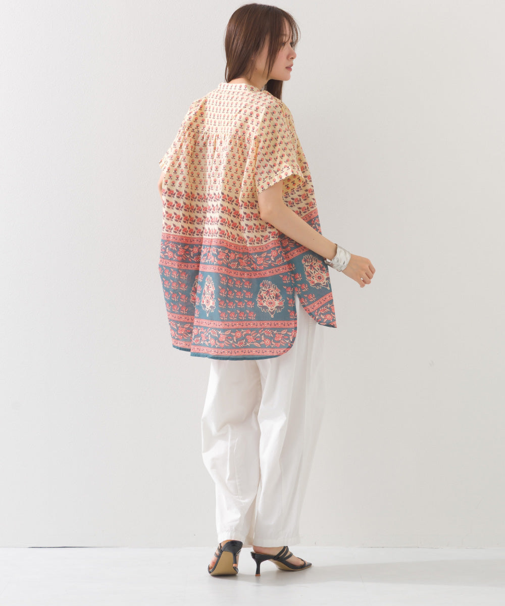 【OMNES】コットンボイル総柄ワイドシルエットギャザー半袖シャツ【1524-4183】