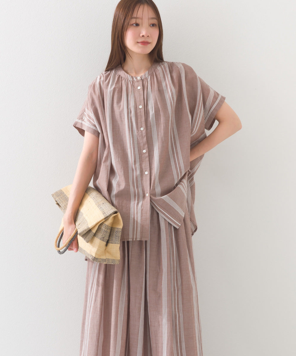 【OMNES】コットンボイル総柄ワイドシルエットギャザー半袖シャツ【1524-4183】