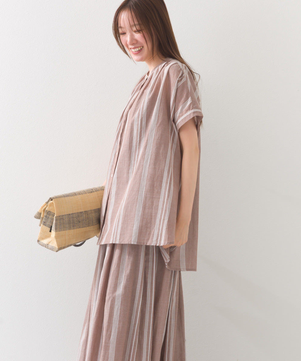 【OMNES】コットンボイル総柄ワイドシルエットギャザー半袖シャツ【1524-4183】