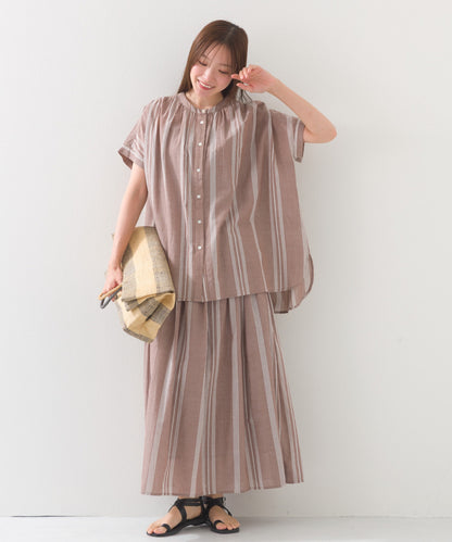 【OMNES】コットンボイル総柄ワイドシルエットギャザー半袖シャツ【1524-4183】