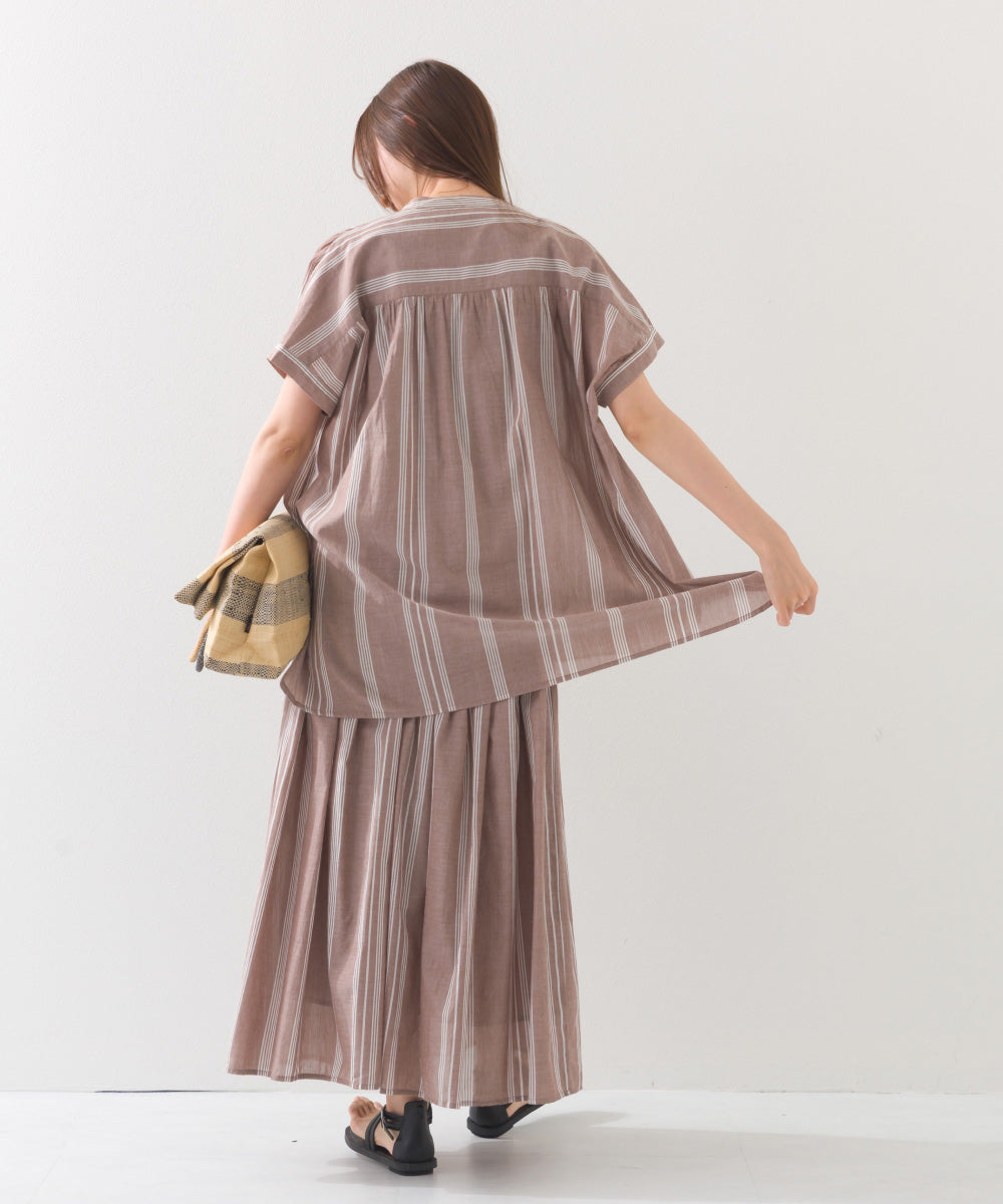 【OMNES】コットンボイル総柄ワイドシルエットギャザー半袖シャツ【1524-4183】