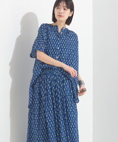 【OMNES】コットンボイル総柄ワイドシルエットギャザー半袖シャツ【1524-4183】