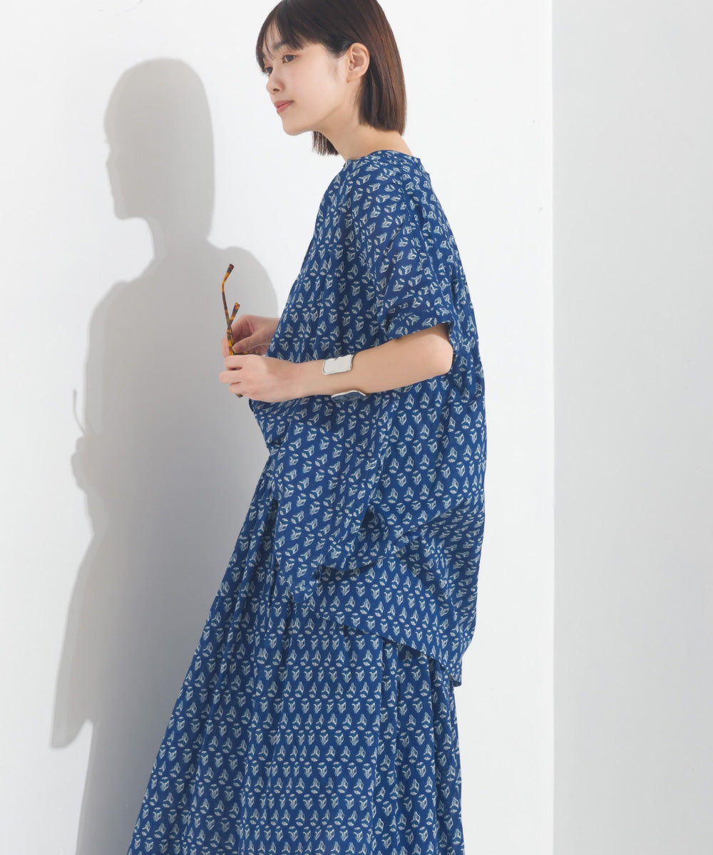 【OMNES】コットンボイル総柄ワイドシルエットギャザー半袖シャツ【1524-4183】