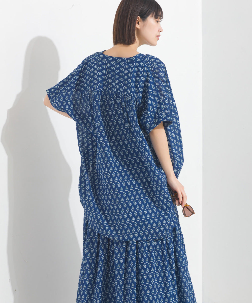 【OMNES】コットンボイル総柄ワイドシルエットギャザー半袖シャツ【1524-4183】