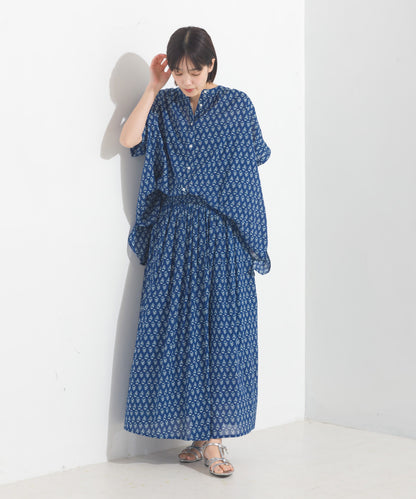 【OMNES】コットンボイル総柄ワイドシルエットギャザー半袖シャツ【1524-4183】