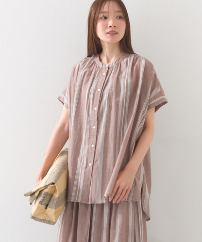 【OMNES】コットンボイル総柄ワイドシルエットギャザー半袖シャツ【1524-4183】