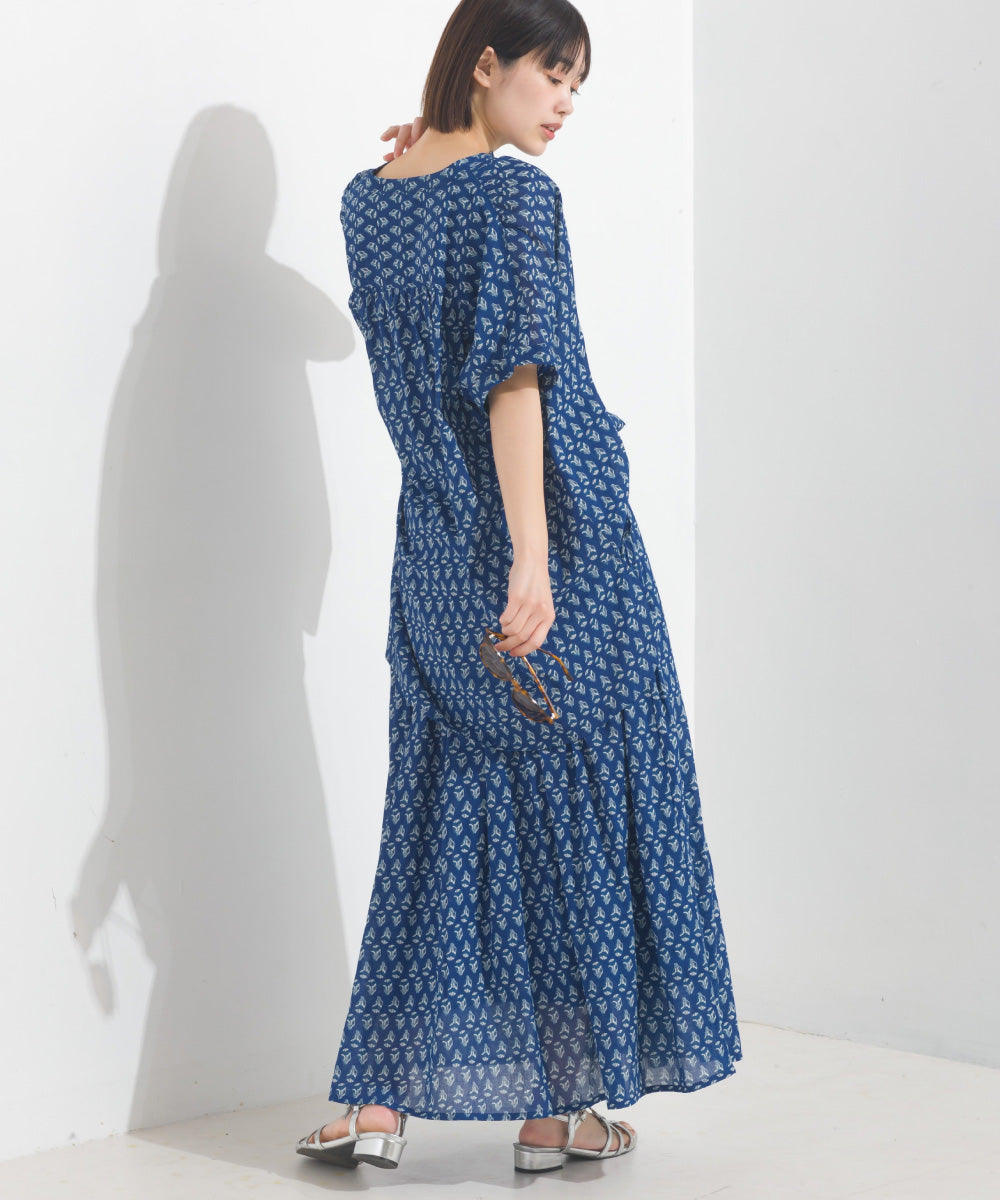 【OMNES】コットンボイル総柄ワイドシルエットギャザー半袖シャツ【1524-4183】