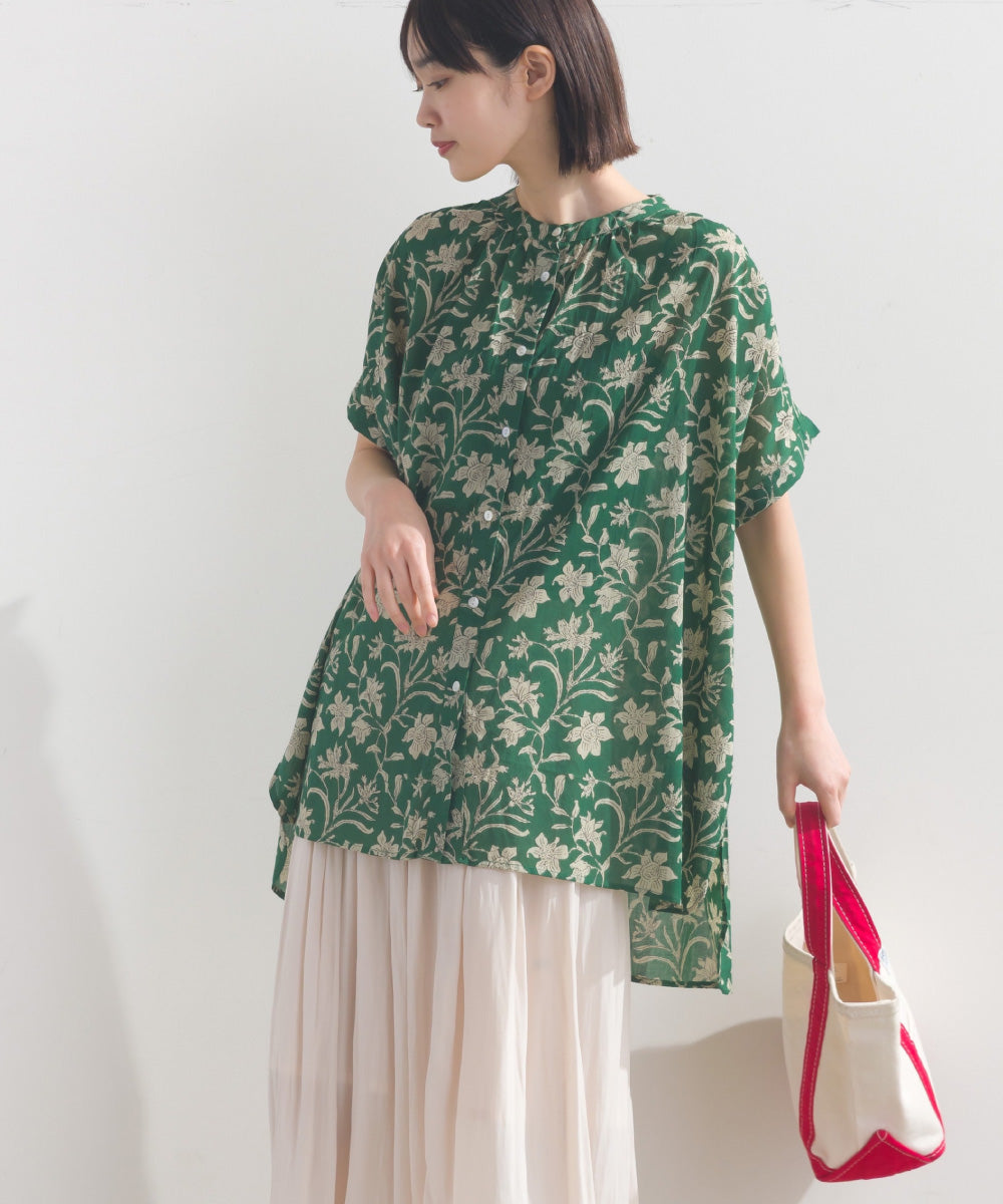 【OMNES】コットンボイル総柄ワイドシルエットギャザー半袖シャツ【1524-4183】