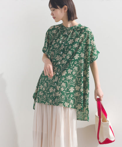 【OMNES】コットンボイル総柄ワイドシルエットギャザー半袖シャツ【1524-4183】