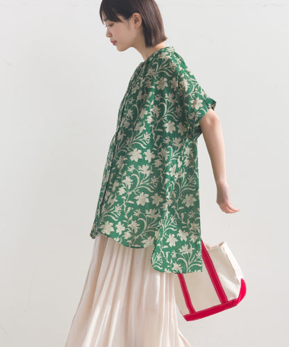 【OMNES】コットンボイル総柄ワイドシルエットギャザー半袖シャツ【1524-4183】