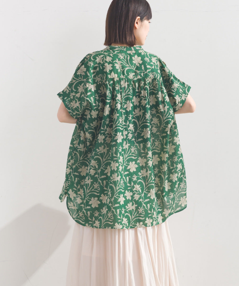 【OMNES】コットンボイル総柄ワイドシルエットギャザー半袖シャツ【1524-4183】