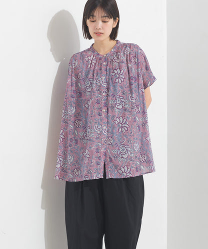 【OMNES】コットンボイル総柄ワイドシルエットギャザー半袖シャツ【1524-4183】