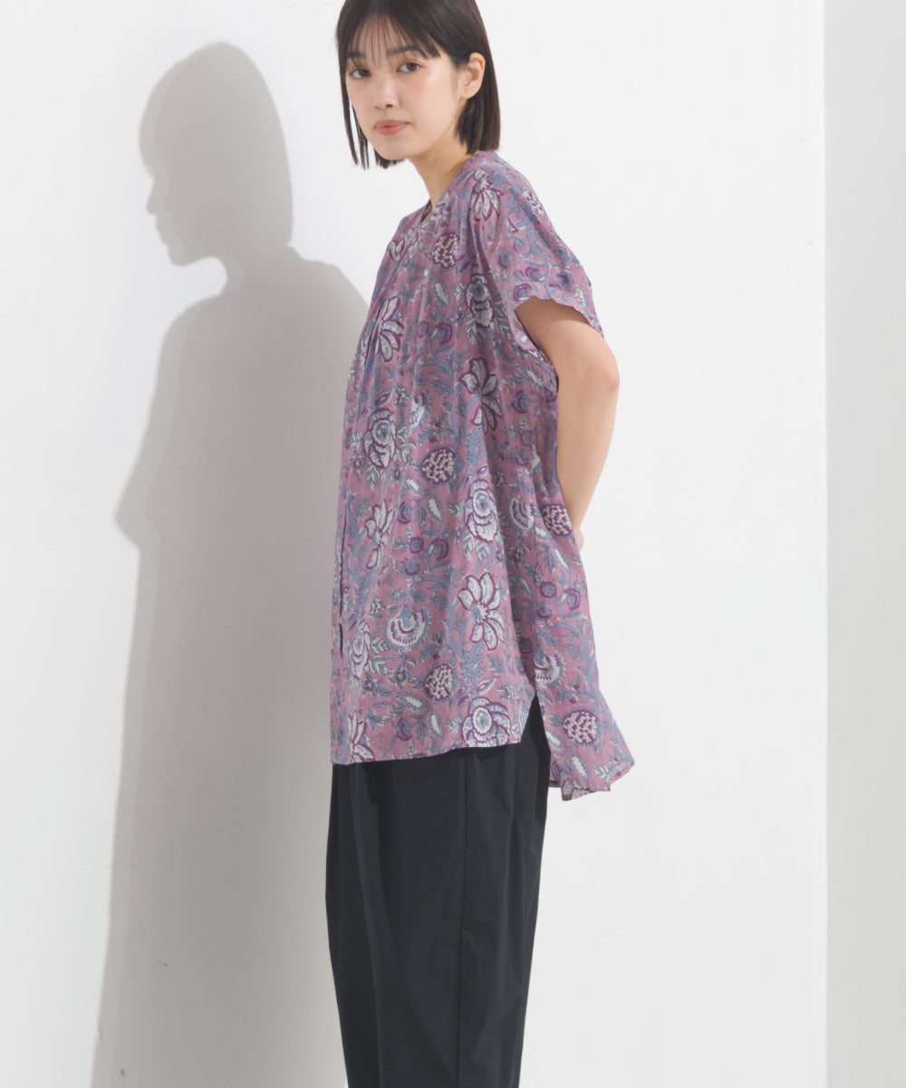 【OMNES】コットンボイル総柄ワイドシルエットギャザー半袖シャツ【1524-4183】