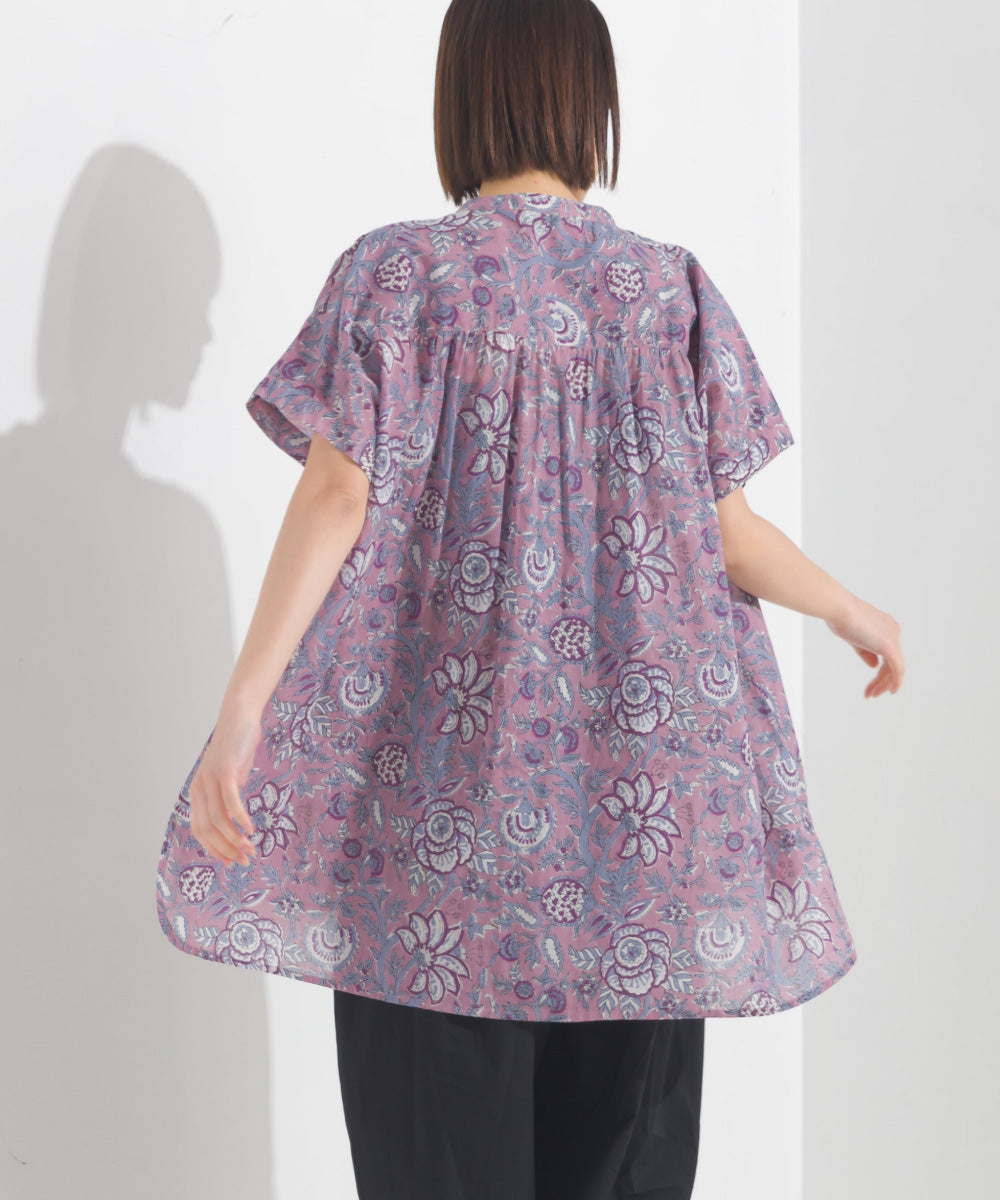 【OMNES】コットンボイル総柄ワイドシルエットギャザー半袖シャツ【1524-4183】