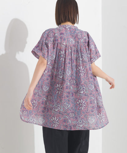 【OMNES】コットンボイル総柄ワイドシルエットギャザー半袖シャツ【1524-4183】