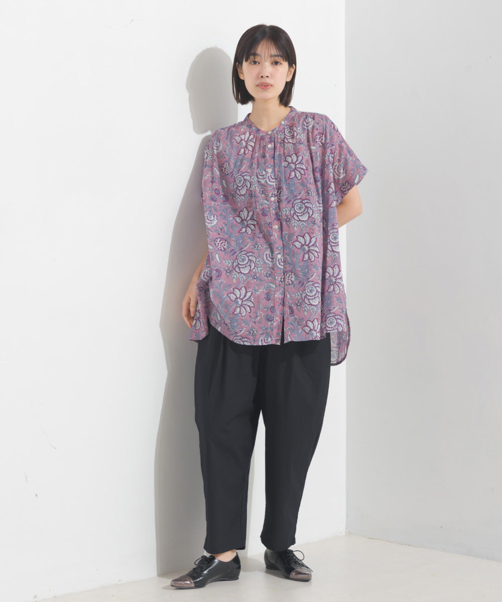 【OMNES】コットンボイル総柄ワイドシルエットギャザー半袖シャツ【1524-4183】