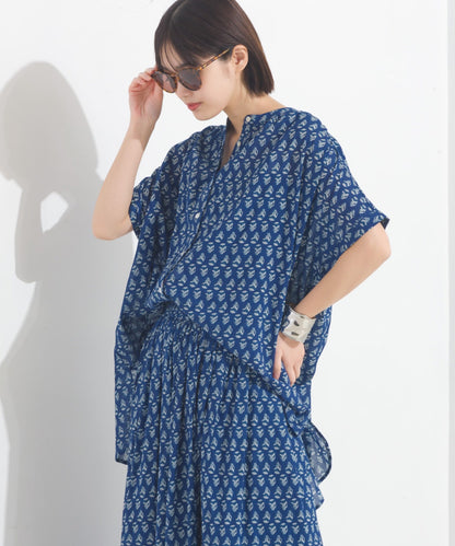 【OMNES】コットンボイル総柄ワイドシルエットギャザー半袖シャツ【1524-4183】