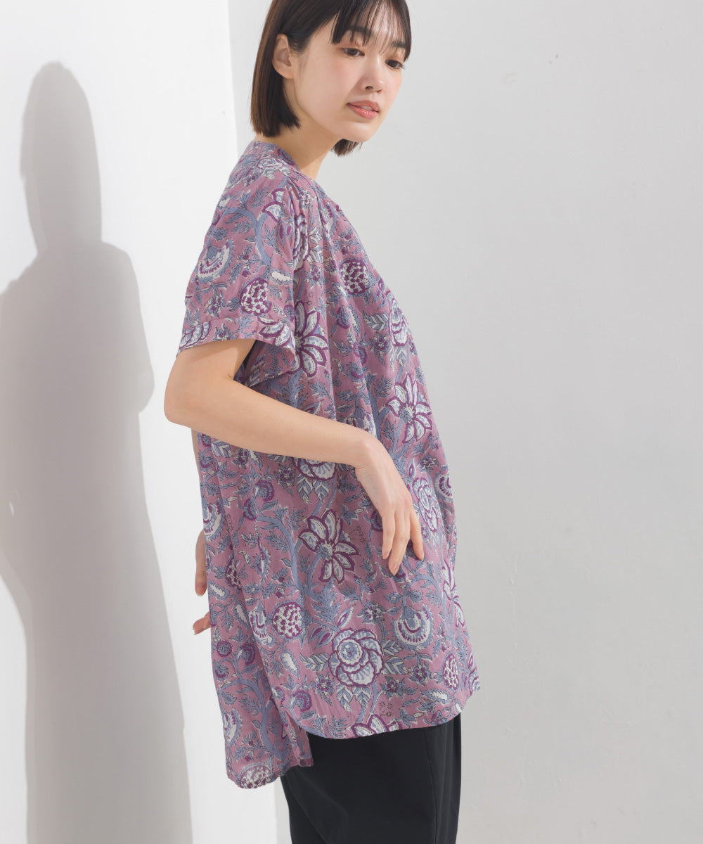 【OMNES】コットンボイル総柄ワイドシルエットギャザー半袖シャツ【1524-4183】