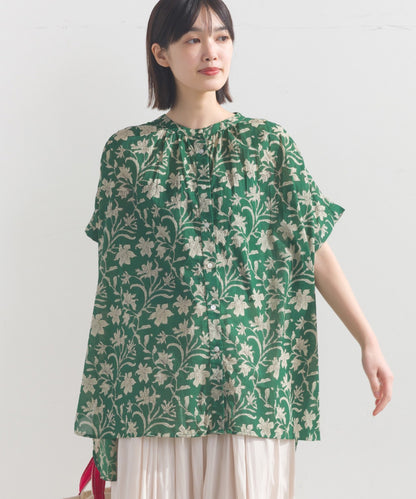 【OMNES】コットンボイル総柄ワイドシルエットギャザー半袖シャツ【1524-4183】