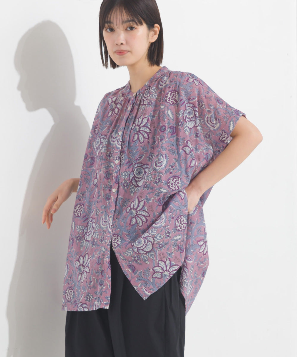 【OMNES】コットンボイル総柄ワイドシルエットギャザー半袖シャツ【1524-4183】