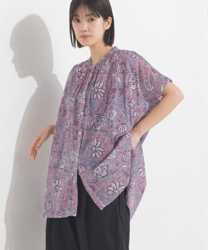 【OMNES】コットンボイル総柄ワイドシルエットギャザー半袖シャツ【1524-4183】