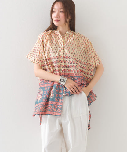 【OMNES】コットンボイル総柄ワイドシルエットギャザー半袖シャツ【1524-4183】