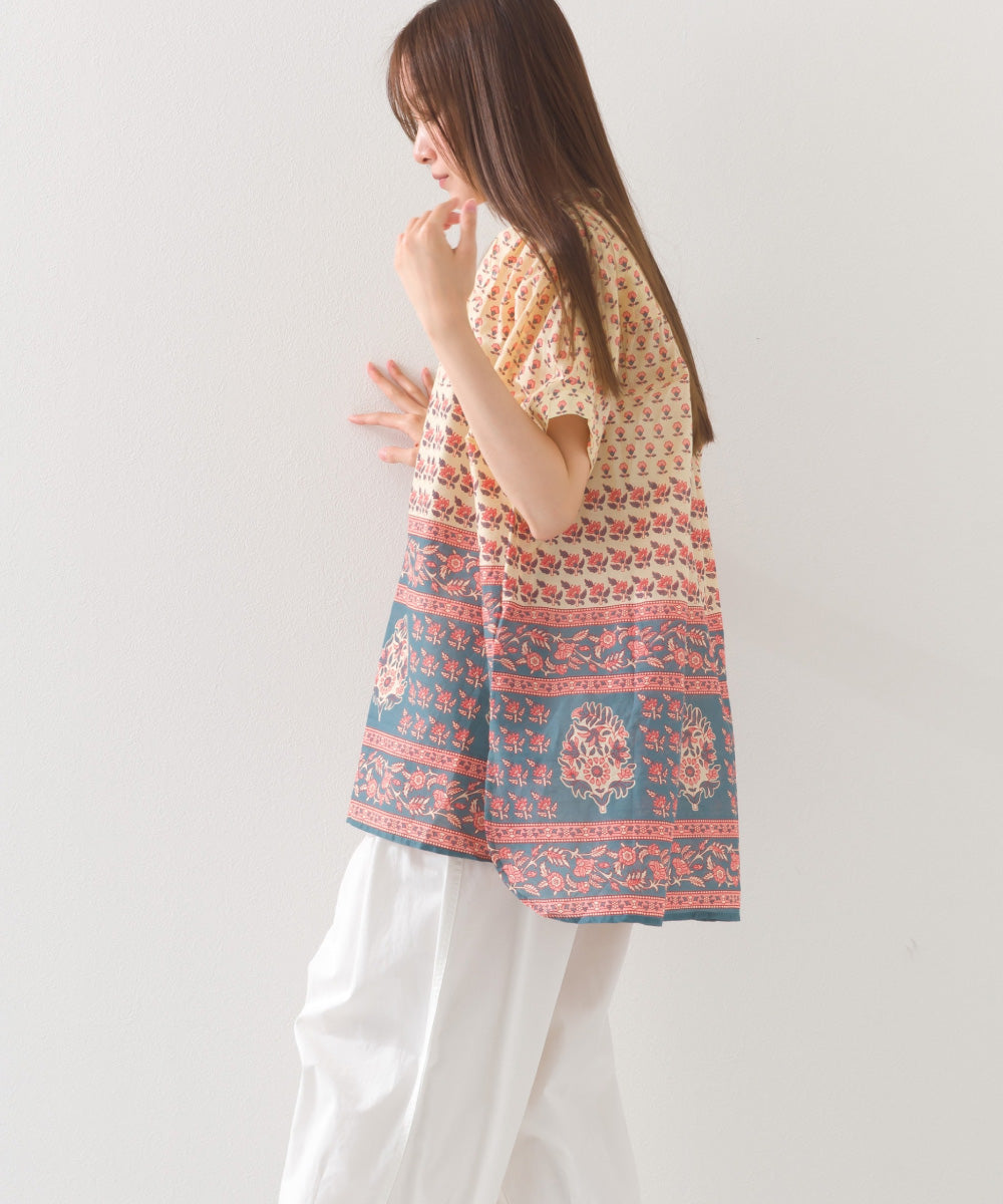 【OMNES】コットンボイル総柄ワイドシルエットギャザー半袖シャツ【1524-4183】