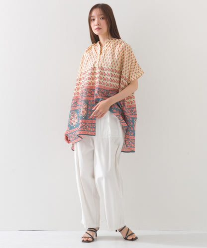 【OMNES】コットンボイル総柄ワイドシルエットギャザー半袖シャツ【1524-4183】