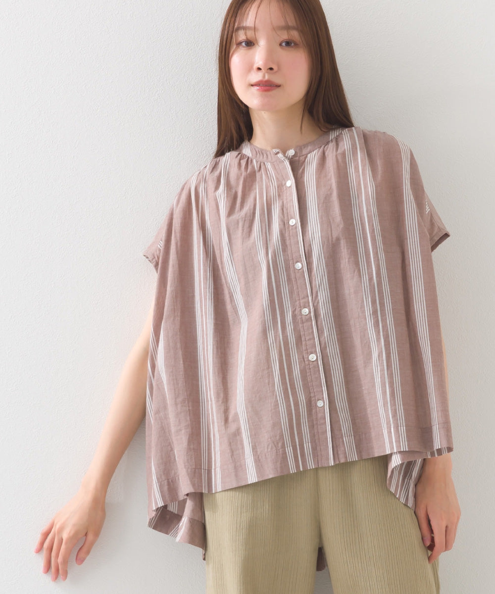 【OMNES】コットンボイル総柄フレンチスリーブギャザーシャツ【1524-4184】