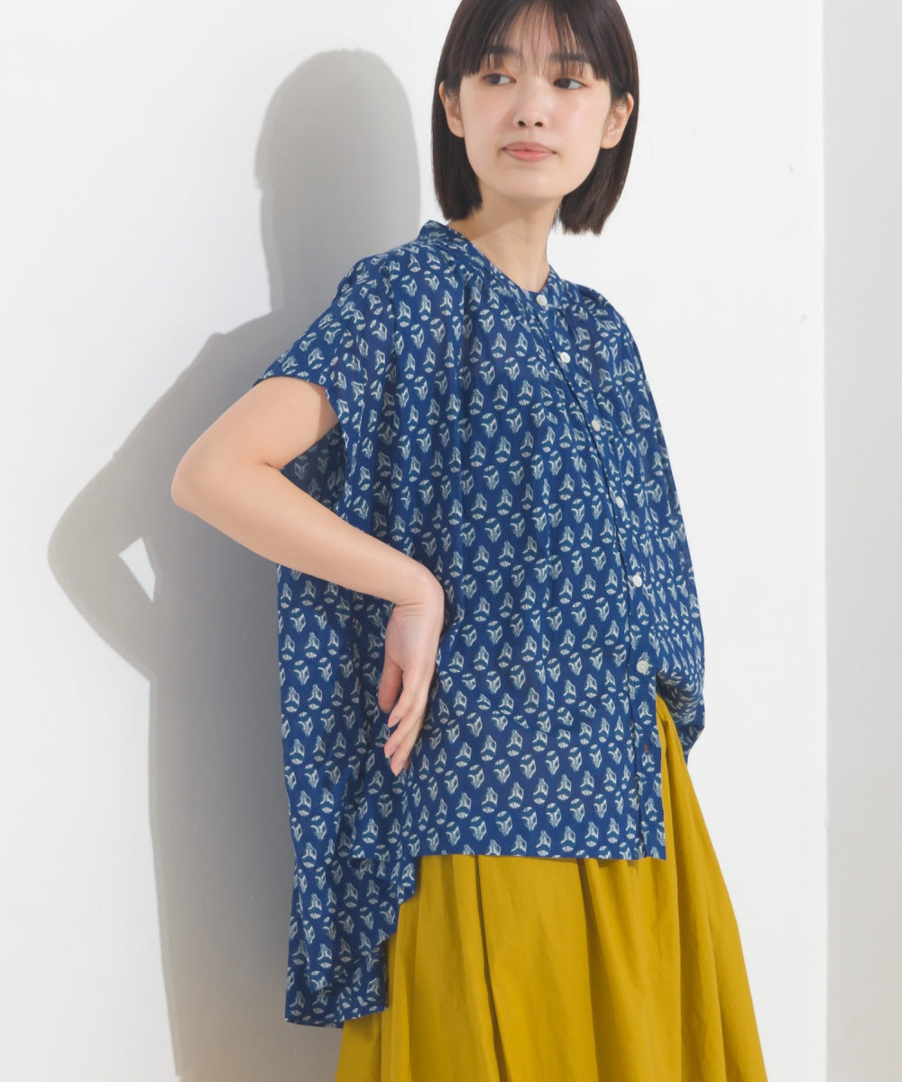 【OMNES】コットンボイル総柄フレンチスリーブギャザーシャツ【1524-4184】