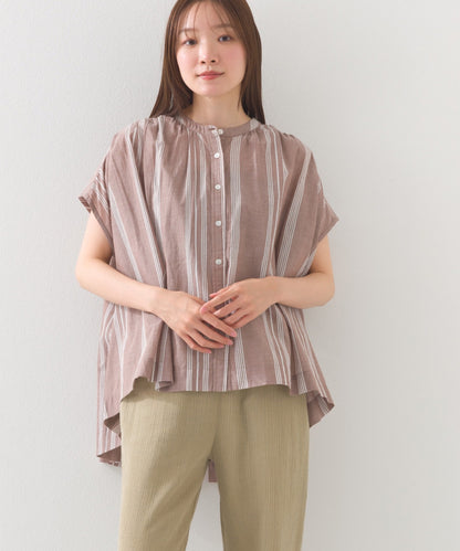 【OMNES】コットンボイル総柄フレンチスリーブギャザーシャツ【1524-4184】