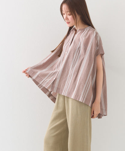 【OMNES】コットンボイル総柄フレンチスリーブギャザーシャツ【1524-4184】