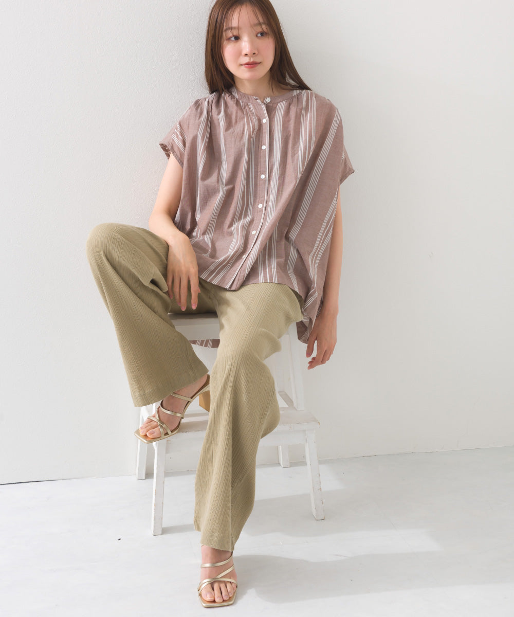 【OMNES】コットンボイル総柄フレンチスリーブギャザーシャツ【1524-4184】