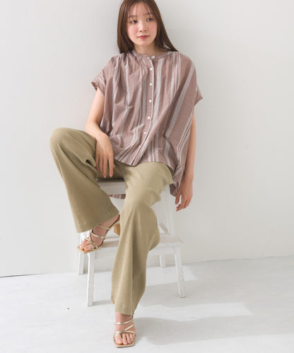 【OMNES】コットンボイル総柄フレンチスリーブギャザーシャツ【1524-4184】