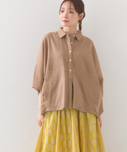 【OMNES】コットンキャンブリックタックドルマンシャツ 半袖【1524-4185】