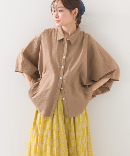 【OMNES】コットンキャンブリックタックドルマンシャツ 半袖【1524-4185】