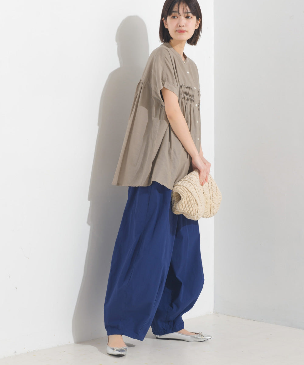 【OMNES】コットンボイルタックギャザー半袖シャツ【1524-4190】