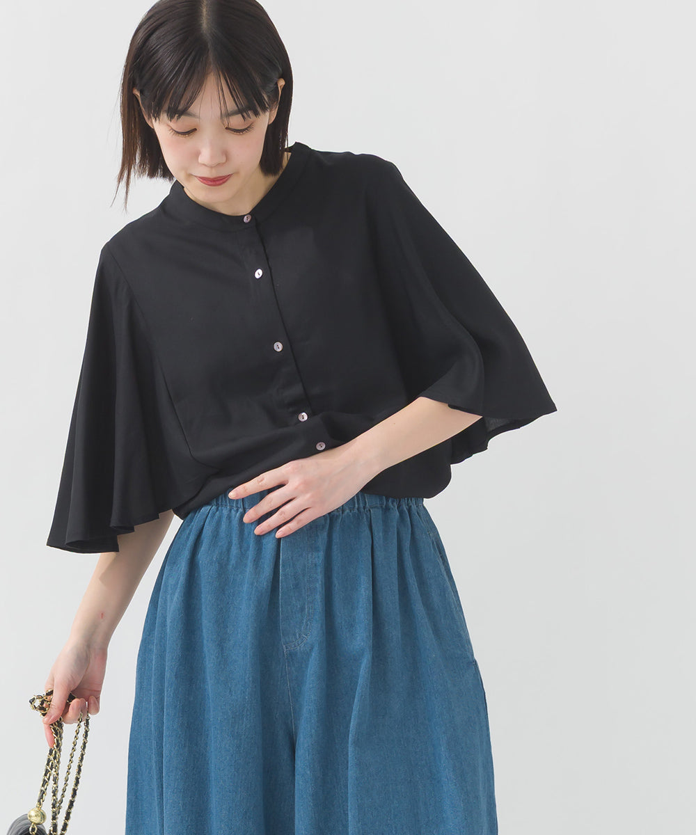 【OMNES】レーヨンフレア袖バンドカラーシャツ【1524-4195】