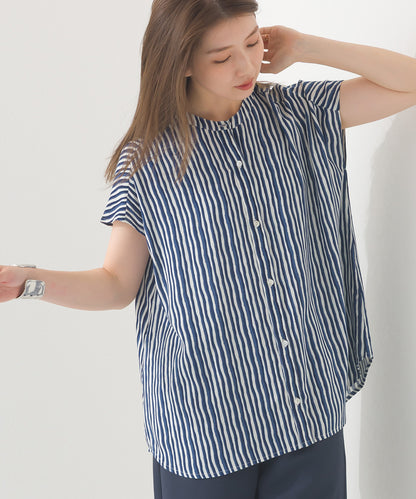 【OMNES】レーヨンフレンチスリーブバンドカラーシャツ【1524-4196】