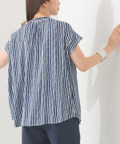 【OMNES】レーヨンフレンチスリーブバンドカラーシャツ【1524-4196】