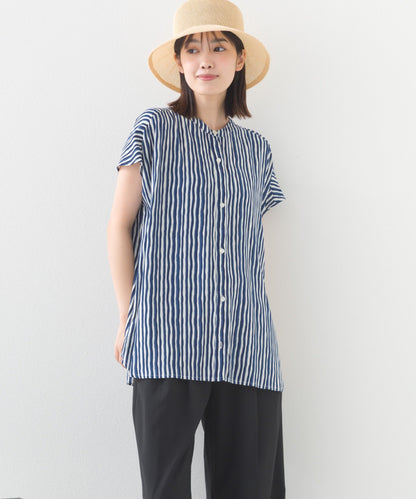 【OMNES】レーヨンフレンチスリーブバンドカラーシャツ【1524-4196】