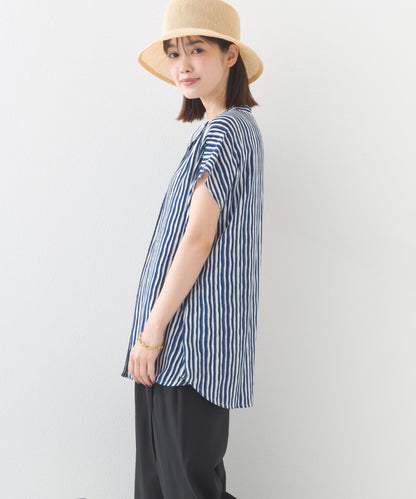 【OMNES】レーヨンフレンチスリーブバンドカラーシャツ【1524-4196】