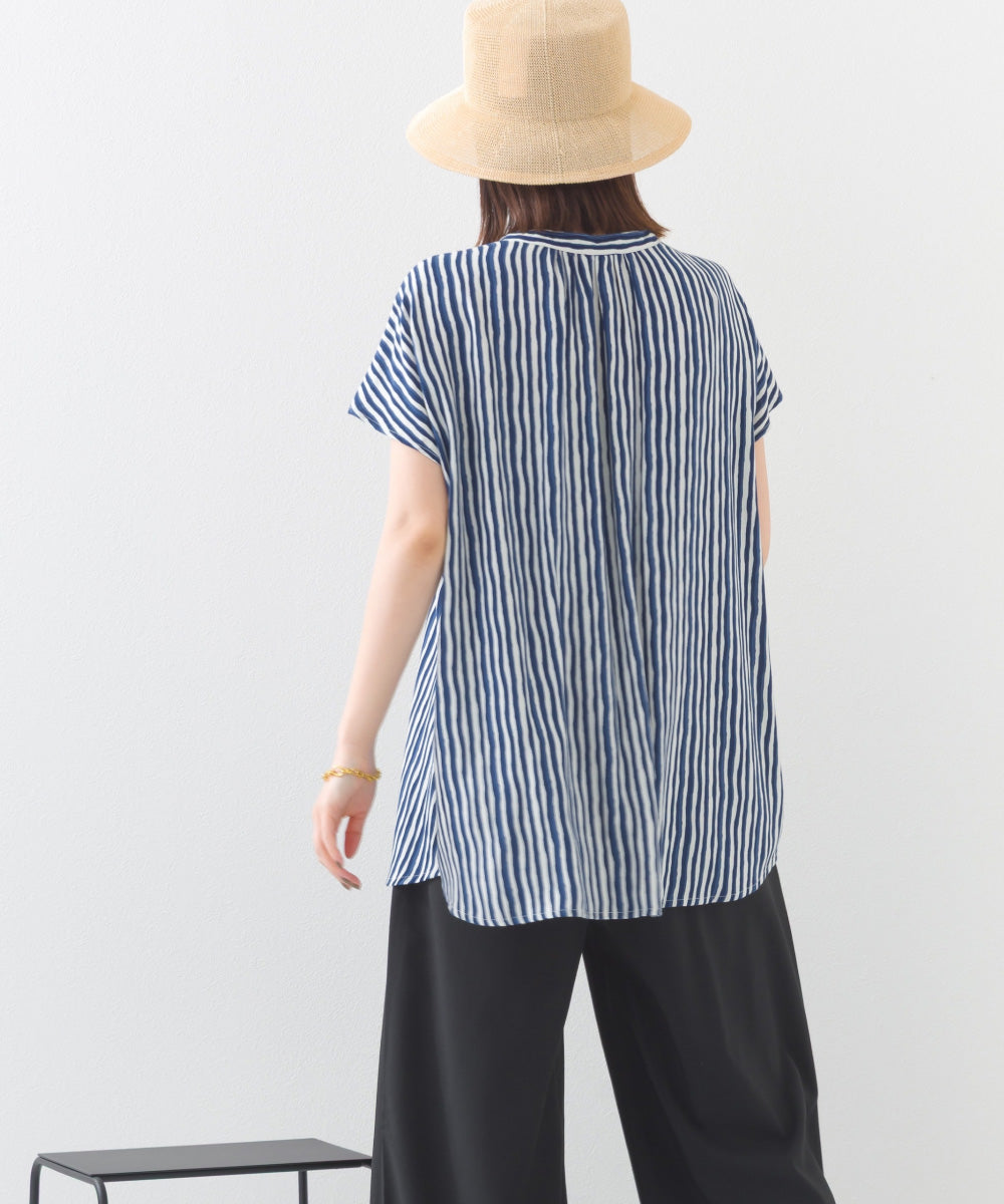 【OMNES】レーヨンフレンチスリーブバンドカラーシャツ【1524-4196】