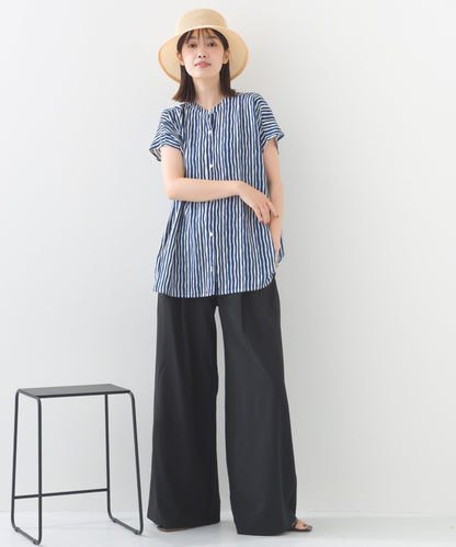 【OMNES】レーヨンフレンチスリーブバンドカラーシャツ【1524-4196】